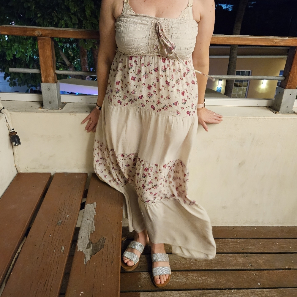 Strapless tan maxi dress